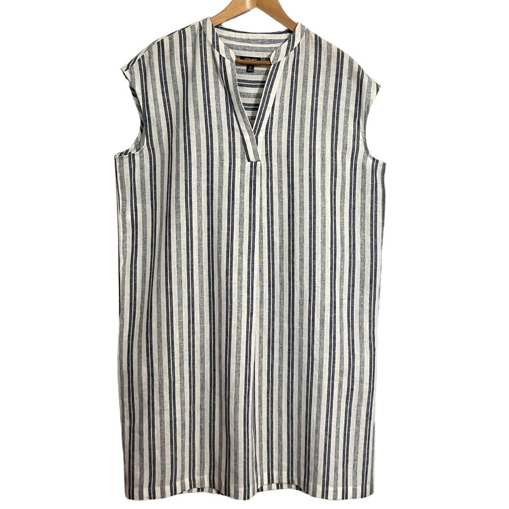 Sleeveless Striped V-Neck Linen Blend Dress - Navy & White